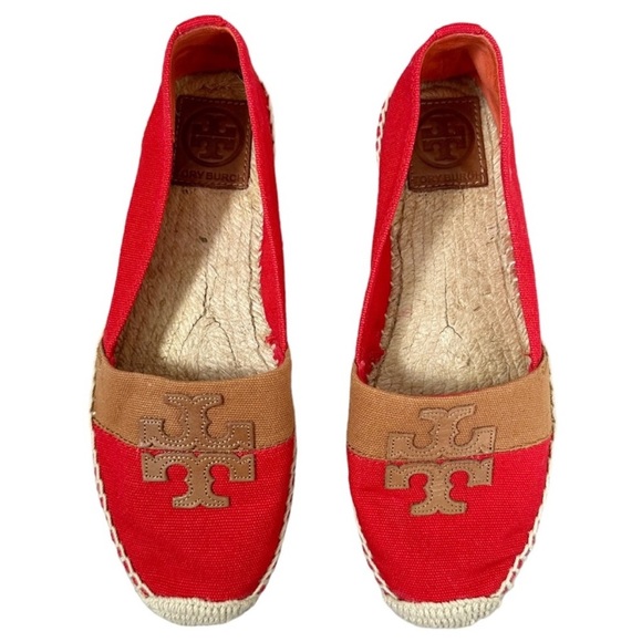 Tory Burch Jamie Woven Canvas Espadrille Red Canyon Tan Logo Flats 10 - Picture 2 of 9